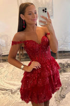 Glitter Fuchsia Tiered A-Line Short Lace Homecoming Dress Bmbride