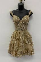 Sparkly Black Corset Tiered Lace A-Line Short Homecoming Prom Dress Bmbride