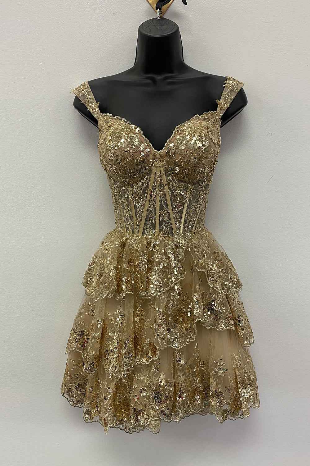 Sparkly Golden A-Line Tiered Lace Short Homecoming Prom Dress Bmbride