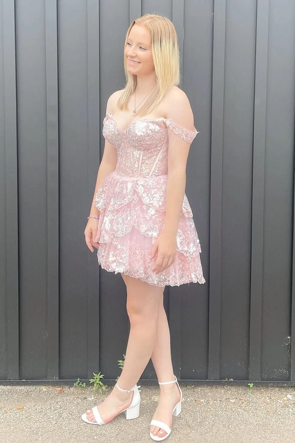 Sparkly Fuchsia A Line Tiered Lace Short Homecoming Prom Dress Bmbride