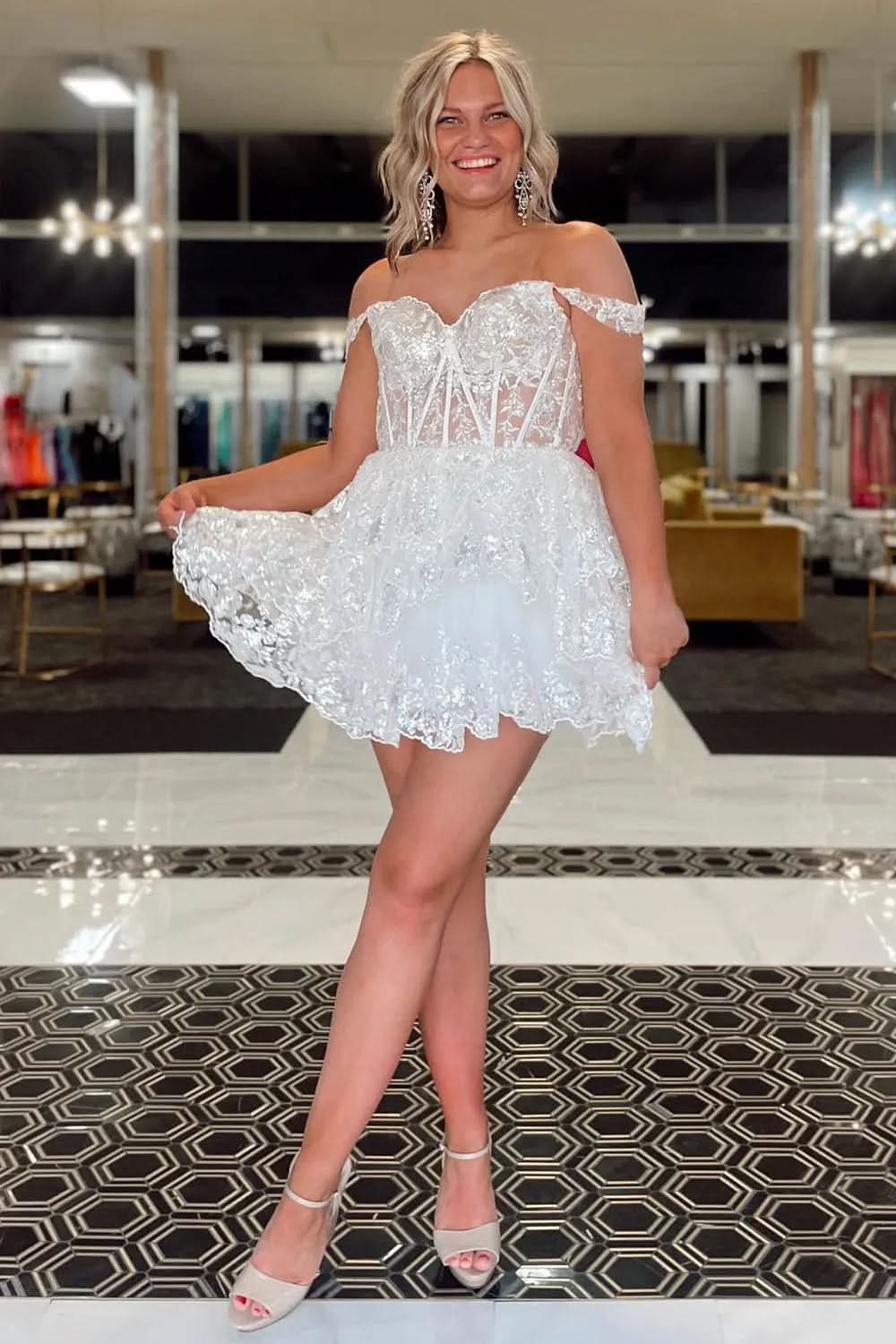 Glitter Fuchsia Tiered A-Line Short Lace Homecoming Dress Bmbride