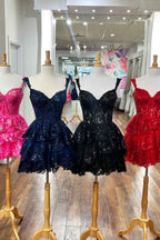 Sparkly Blue Corset Tiered Lace A-Line Short Homecoming Prom Dress Bmbride