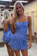 Sparkly Blue Spaghetti Straps Sequins Short Bodycon Homecoming Dress with Tassel