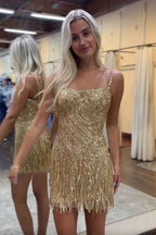 Sparkly Blue Spaghetti Straps Sequins Short Bodycon Homecoming Dress with Tassel