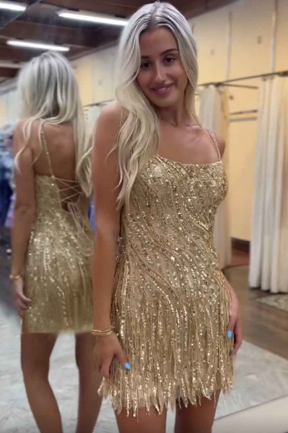 Sparkly Blue Spaghetti Straps Sequins Short Bodycon Homecoming Dress with Tassel