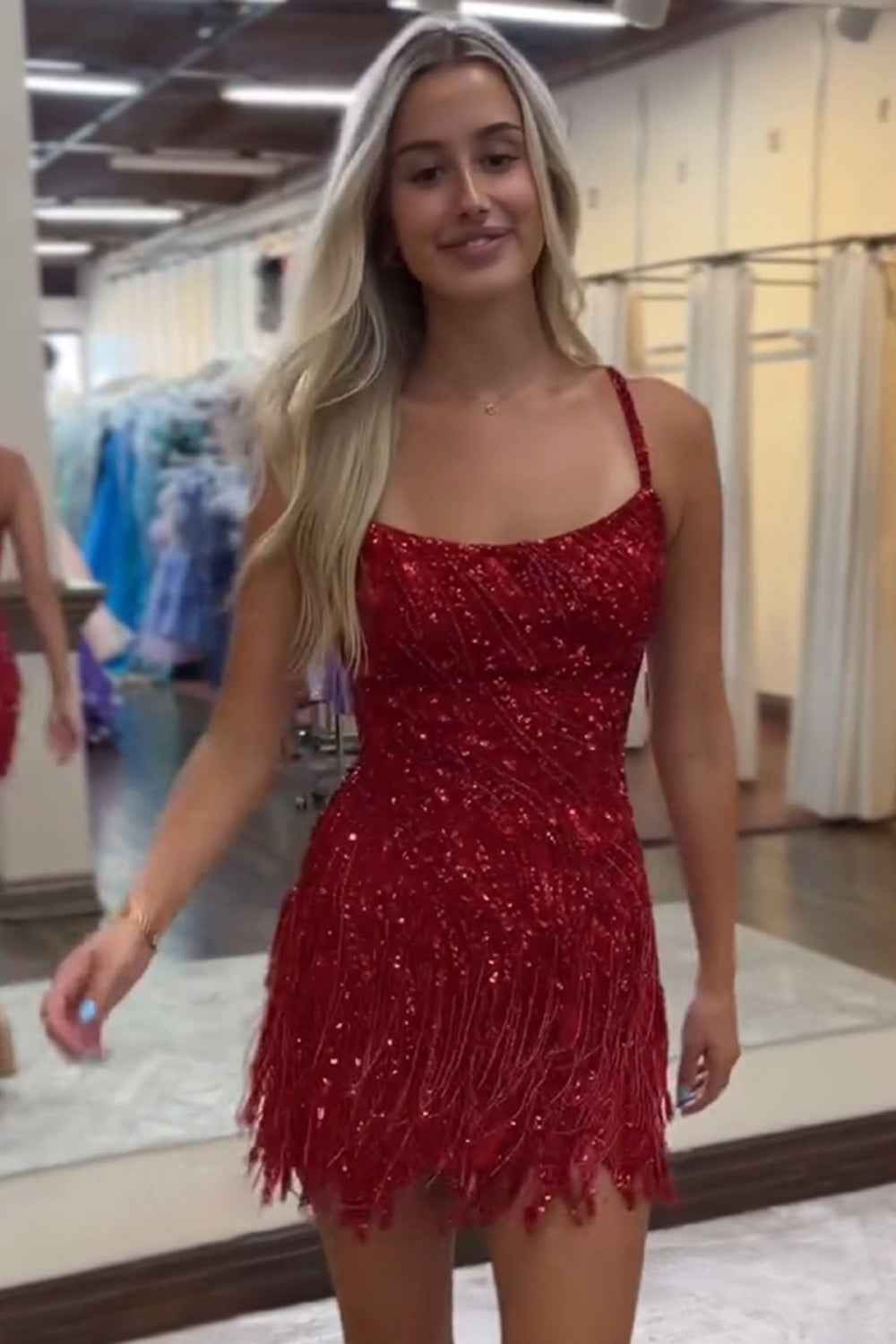 Sparkly Gold Spaghetti Straps Sequins Tight Short Hoco Dress with Fringes Bmbride