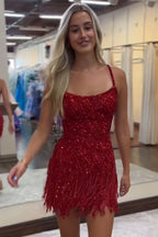 Sparkly Golden Spaghetti Straps Sequins Fringed Tight Short Hoco Dress Bmbride