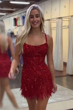 Sparkly Golden Spaghetti Straps Sequins Fringed Tight Short Hoco Dress Bmbride