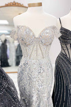 Sparkly Golden Off the Shoulder Mermaid Sequins Long Prom Dress with Slit