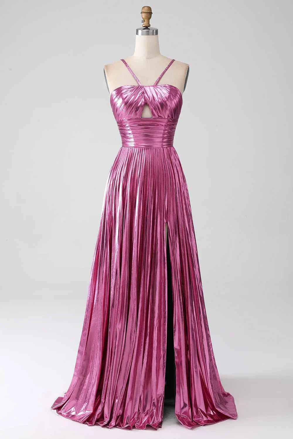 Sparkly A Line Halter Neck Gold Long Prom Dress with Keyhole Slit