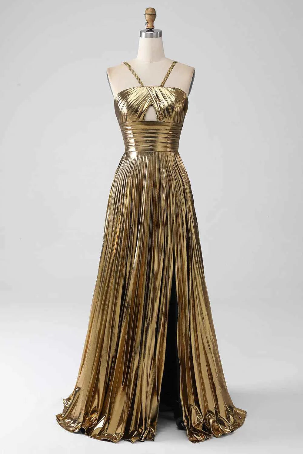 Sparkly Golden A Line Halter Neck Long Prom Dress with Keyhole Slit