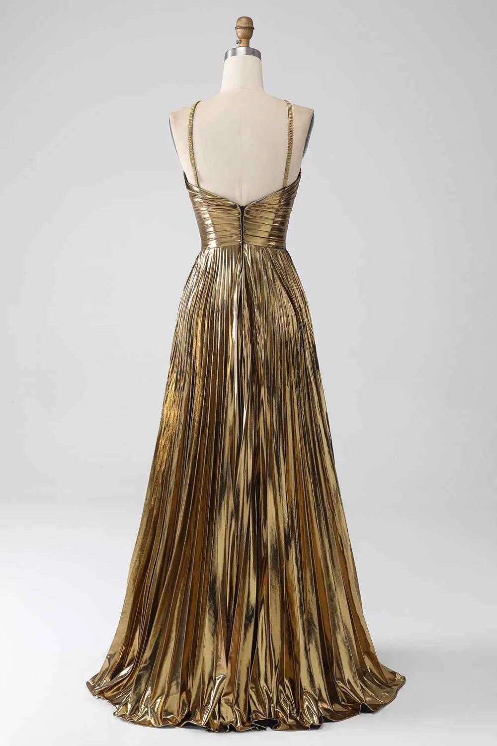 Sparkly Golden A Line Halter Neck Long Prom Dress with Keyhole Slit
