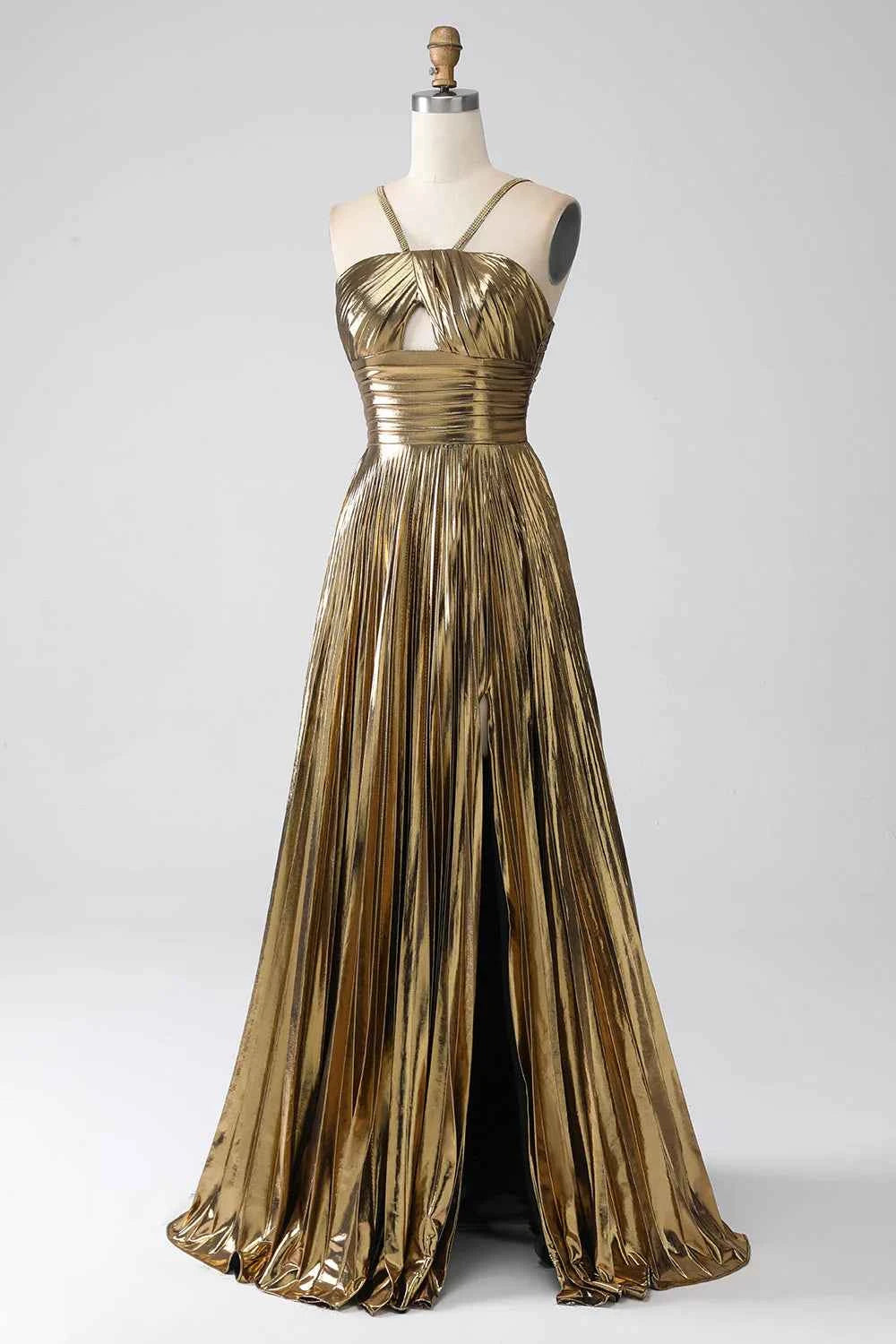 Sparkly Golden A Line Halter Neck Long Prom Dress with Keyhole Slit