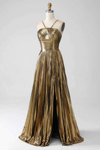 Sparkly Golden A Line Halter Neck Long Prom Dress with Keyhole Slit