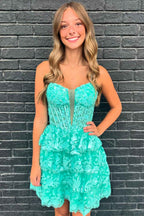 Sparkly Green Sequins Corset Short Homecoming Dress With Ruffles Bmbride