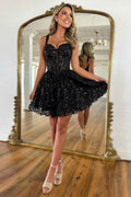 Sparkly A-Line Black Tiered Short Homecoming Prom Dress with Lace