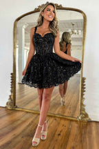 Sparkly A-Line Black Tiered Short Homecoming Prom Dress with Lace