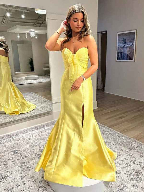 Yellow Mermaid Stapless Sweetheart Long Prom Dress with Slit BMBRIDE