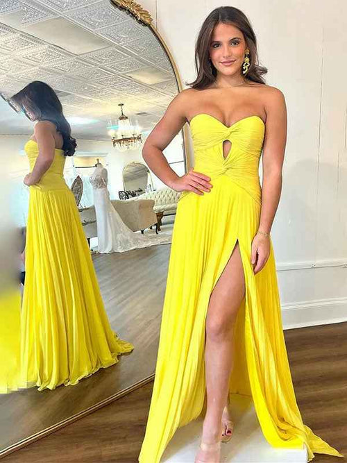 Yellow A Line Strapless Sweetheart Pleated Prom Dress with High Slit BMBRIDE