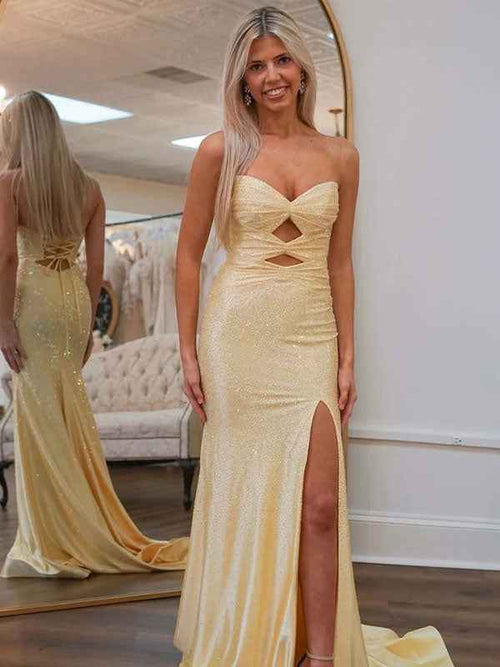 Light Yellow Mermaid Strapless Keyholes Prom Dress with Beads BMBRIDE