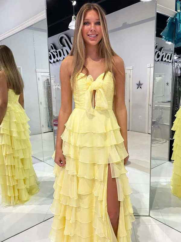 Fuchsia A-Line Sweetheart Chiffon Tiered Long Prom Dress with Slit