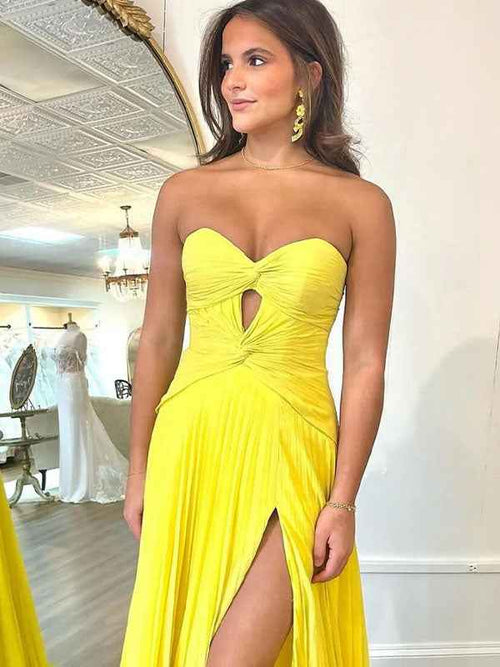 Yellow A Line Strapless Sweetheart Pleated Prom Dress with High Slit BMBRIDE