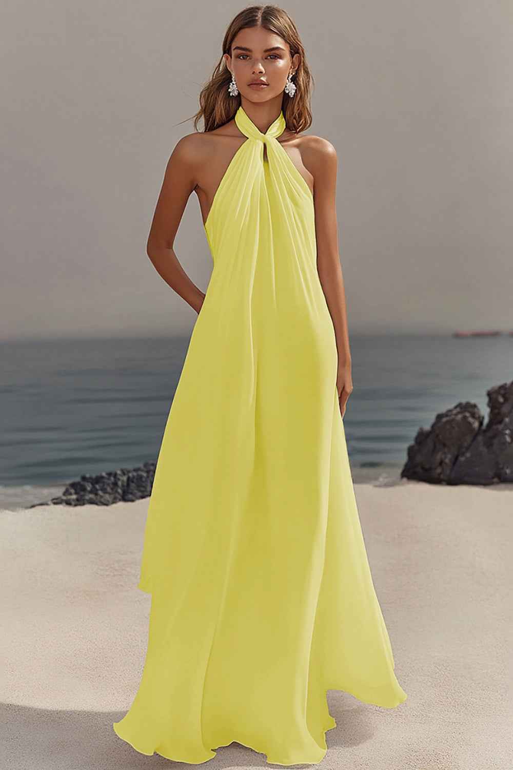 Flowy Sky Blue Chiffon A Line Halter Backless Long Prom Dress