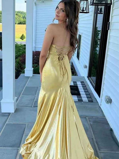 Yellow Mermaid Strapless V-Neck Metallic Sleeveless Prom Dress with Slit BMBRIDE
