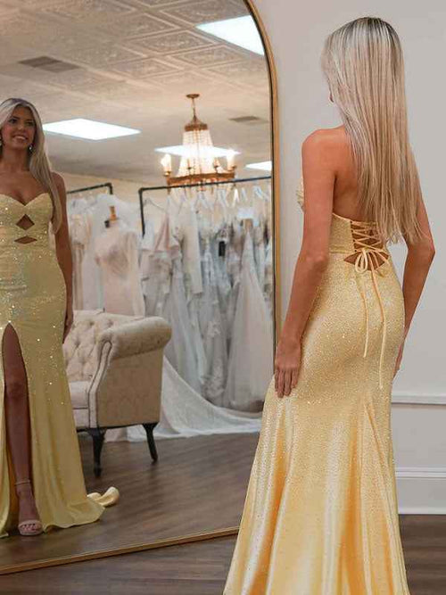Light Yellow Mermaid Strapless Keyholes Prom Dress with Beads BMBRIDE