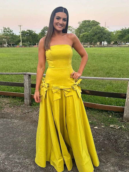 A Line Strapless Drop-Waist Prom Dress with Bow Accents BMBRIDE