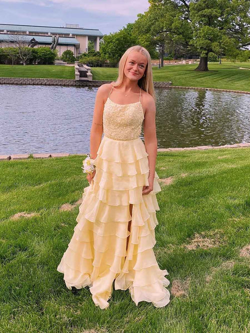 Yellow A Line Appliques Tiered Long Prom Dress with Slit BMBRIDE