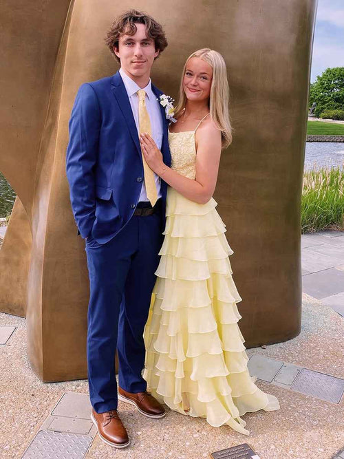 Yellow A Line Appliques Tiered Long Prom Dress with Slit BMBRIDE