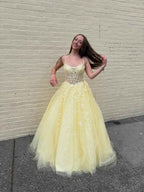 Yellow Floral A Line Lace Tulle Long Prom Dress with Appliqu¡§|