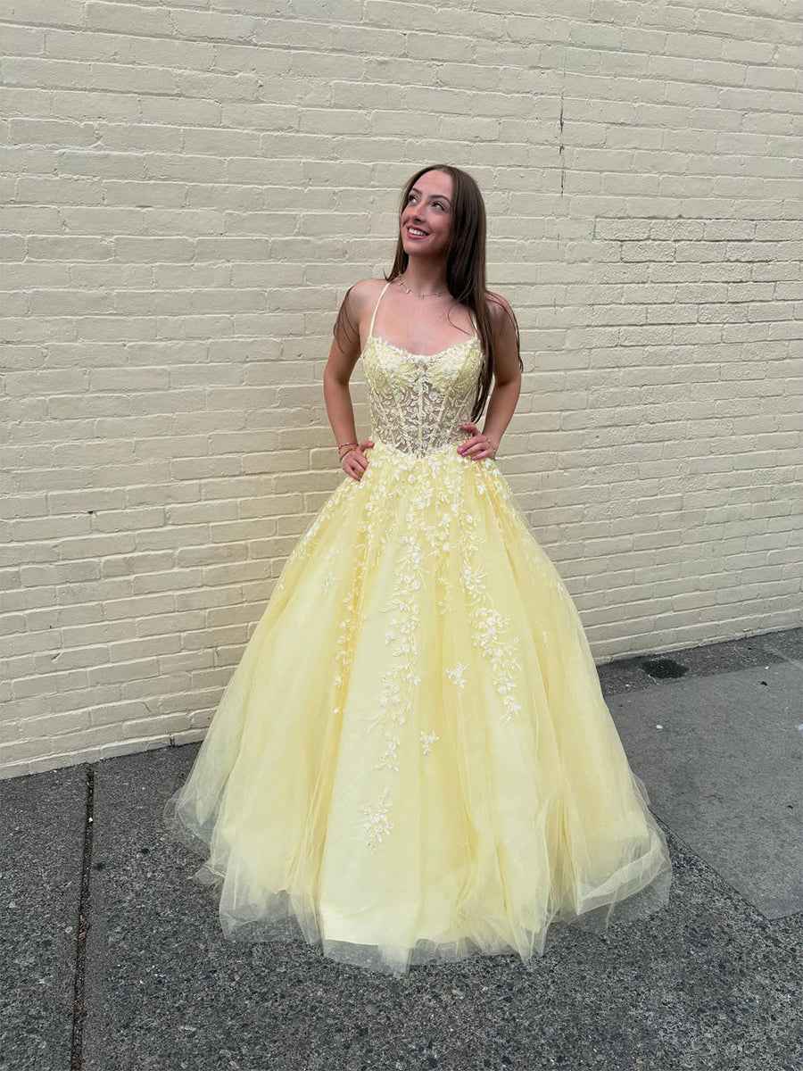 Yellow Floral A Line Lace Tulle Long Prom Dress with Appliqu¡§|