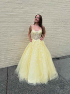 Yellow Floral A Line Lace Tulle Long Prom Dress with Appliqu¡§|