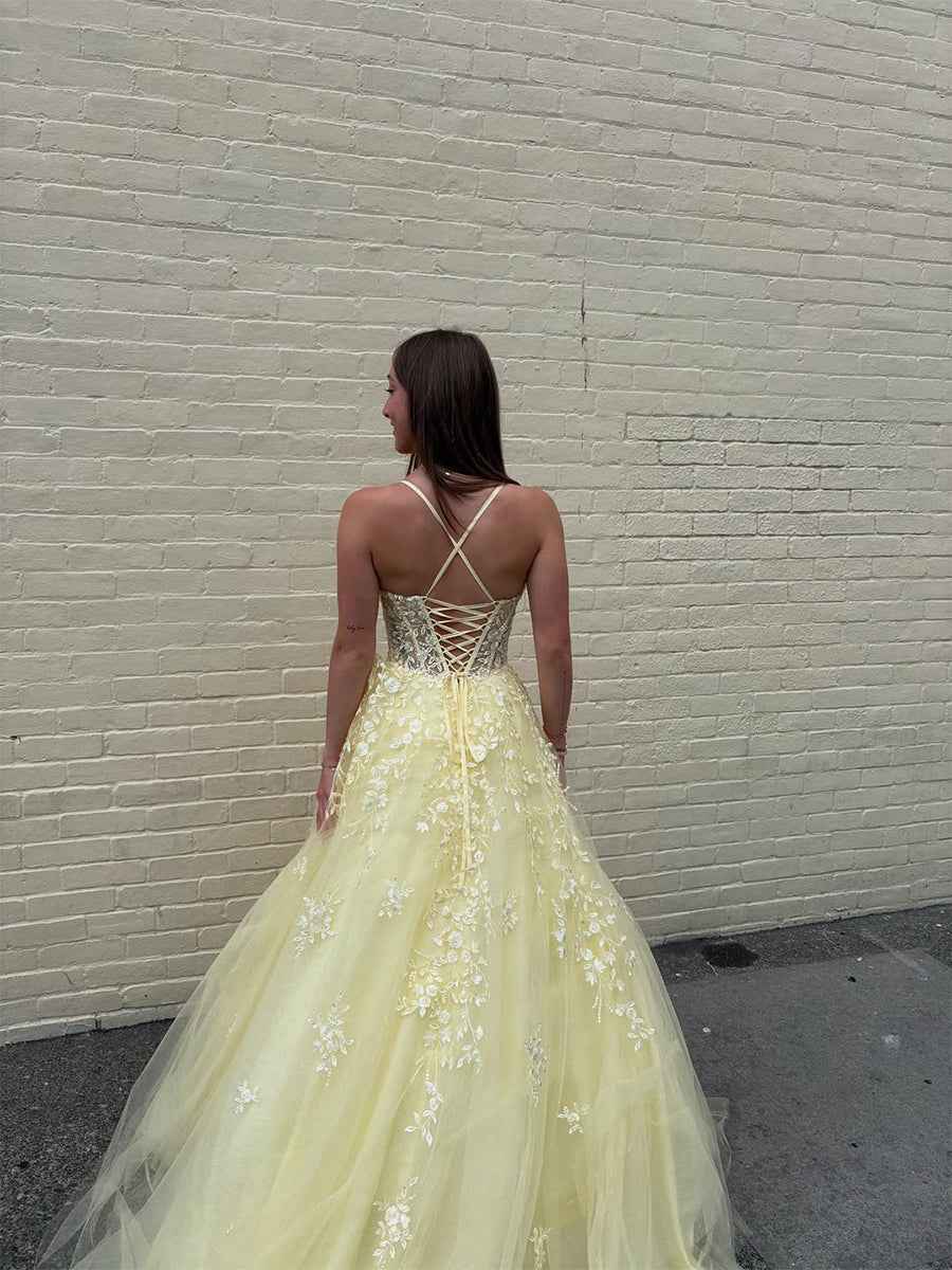 Yellow Floral A Line Lace Tulle Long Prom Dress with Appliqu¡§|