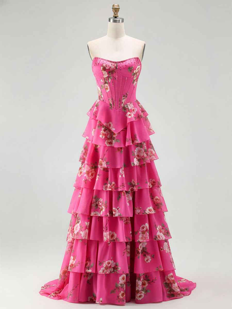 Yellow Floral Corset Ruffled Long Prom Dress with Slit