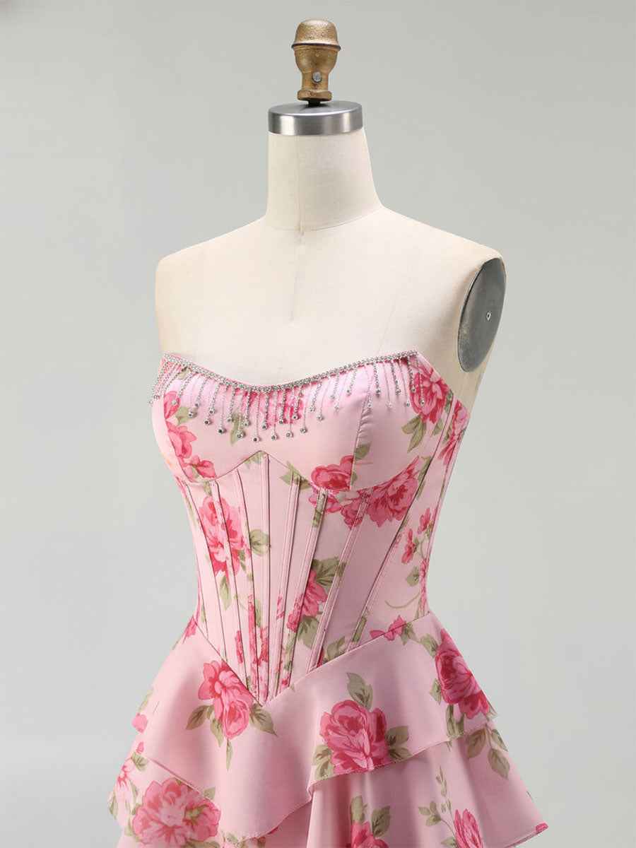 Yellow Floral Corset Ruffled Long Prom Dress with Slit