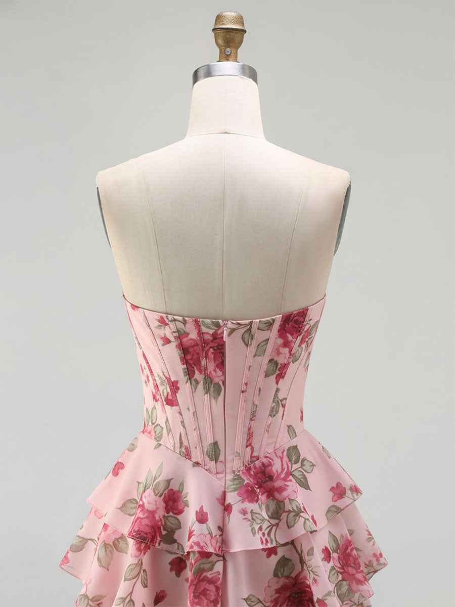 Yellow Floral Corset Ruffled Long Prom Dress with Slit