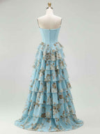 Blue Strapless Floral Print Tiered Ruffle Corset Prom Dress