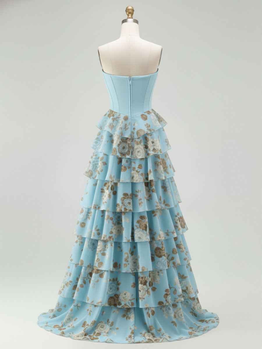 Blue Strapless Floral Print Tiered Ruffle Corset Prom Dress