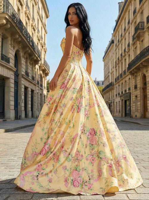 Yellow Floral Print A Line Strapless Satin Corset Prom Dress BMBRIDE