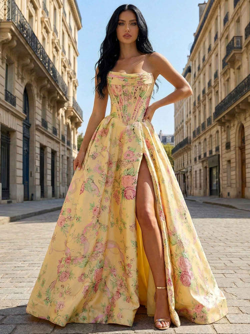 Yellow Floral Print A Line Strapless Satin Corset Prom Dress BMBRIDE