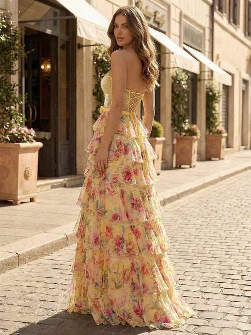 Yellow Floral Strapless Tiered Ruffle Corset Prom Dress with Bow BMBRIDE