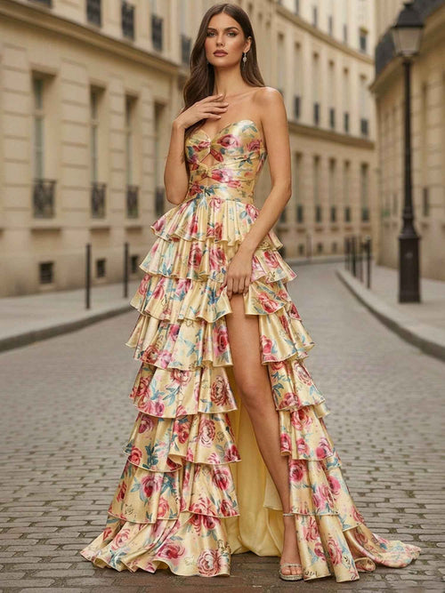 Yellow Floral Tiered Ruffle Long Prom Dress with Keyhole BMBRIDE
