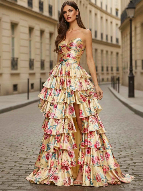 Yellow Floral Tiered Ruffle Long Prom Dress with Keyhole BMBRIDE