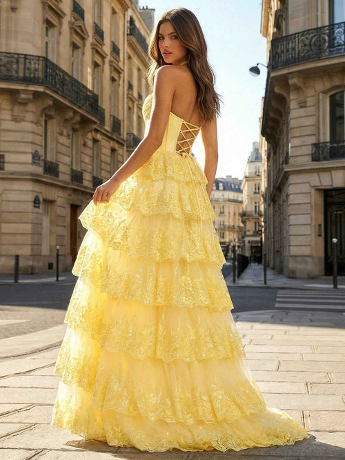 Yellow Halter Neck Lace Tiered Corset Prom Dress with Slit BMBRIDE