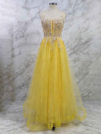 Yellow Metallic Lace Appliqu¡§| Tulle Long Prom Dress with Slit