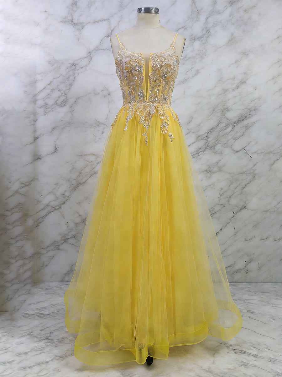 Yellow Metallic Lace Appliqu¡§| Tulle Long Prom Dress with Slit