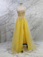 Yellow Metallic Lace Appliqu¡§| Tulle Long Prom Dress with Slit
